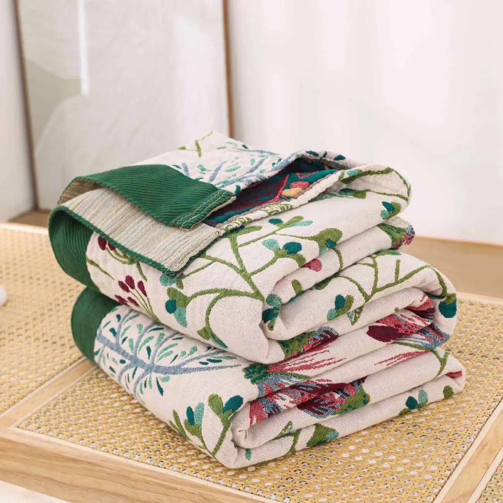 Manta de Algodón Esponjosa con Diseño Floral, Verde o Blanca