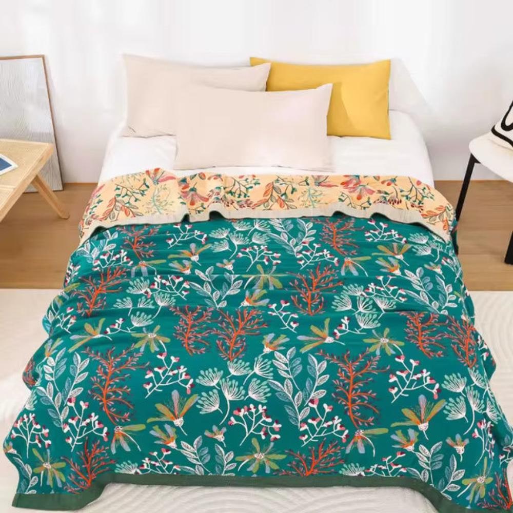 Manta de Algodón Esponjosa con Diseño Floral, Verde o Blanca