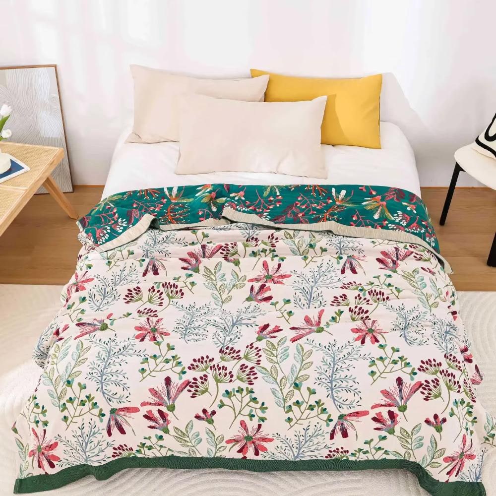 Manta de Algodón Esponjosa con Diseño Floral, Verde o Blanca