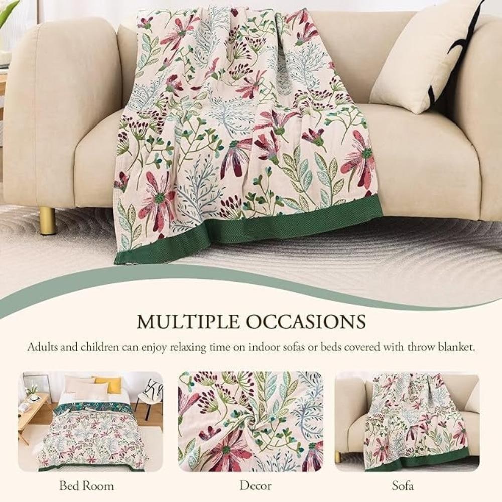 Manta de Algodón Esponjosa con Diseño Floral, Verde o Blanca
