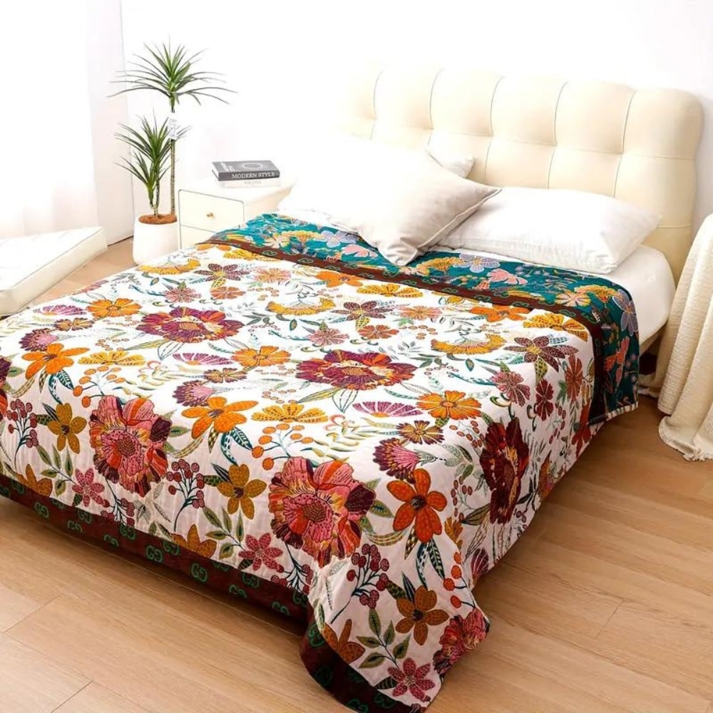 Manta Reversible de Algodón con Estampado Floral, 3 Tamaños