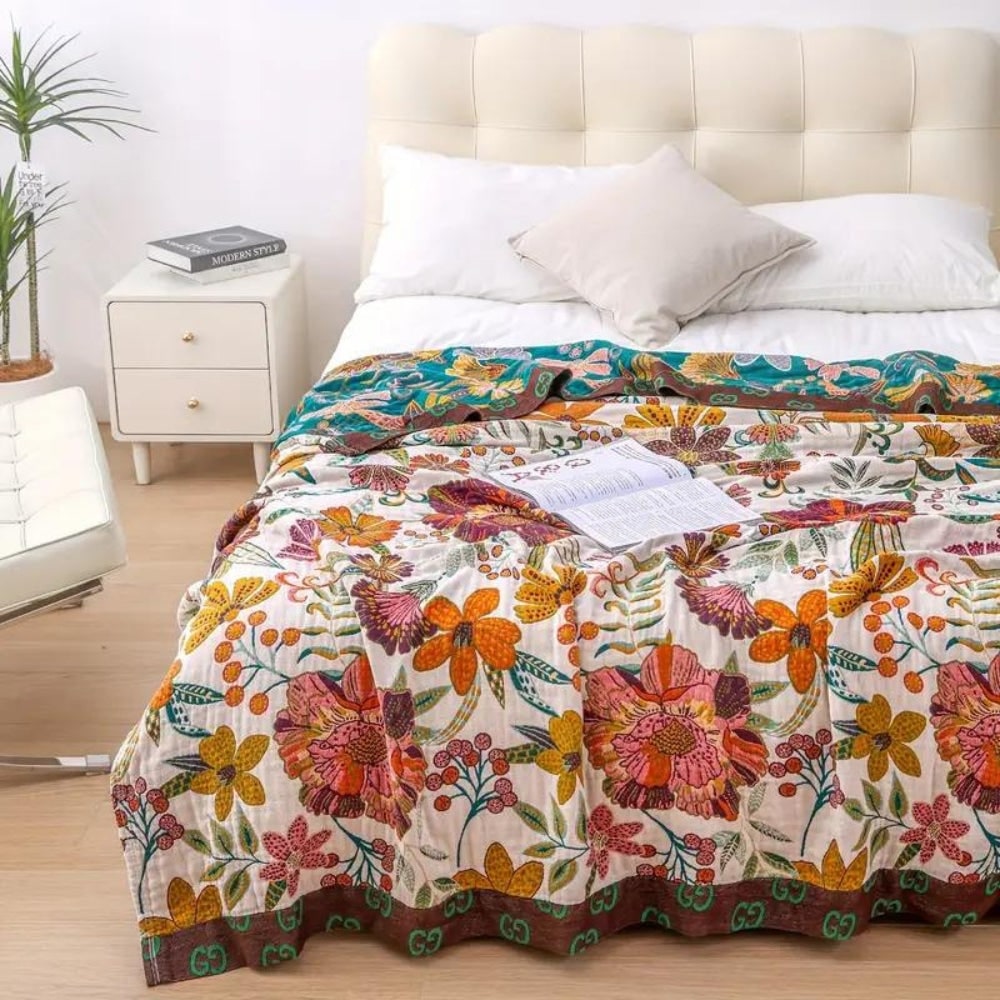 Manta Reversible de Algodón con Estampado Floral, 3 Tamaños