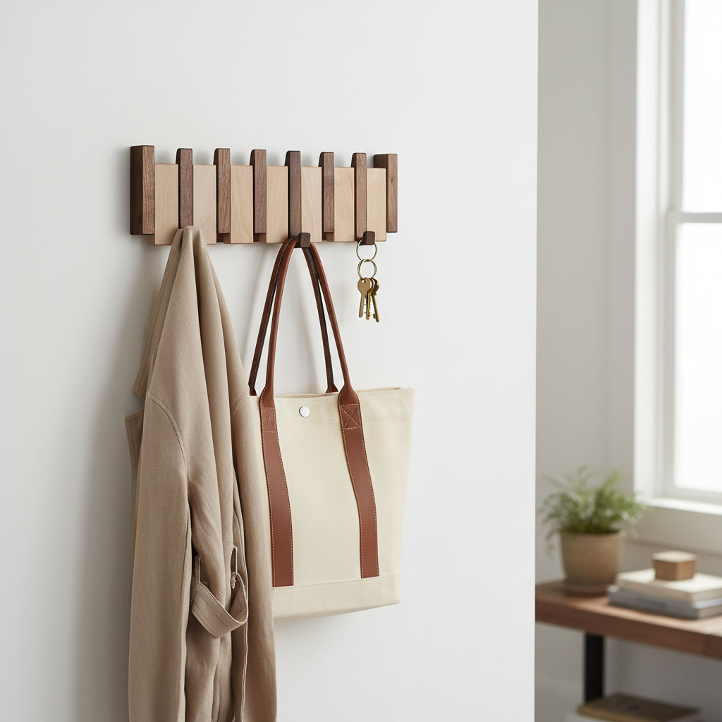 Perchero de Pared de Haya con Ganchos Plegables, 4 a 8