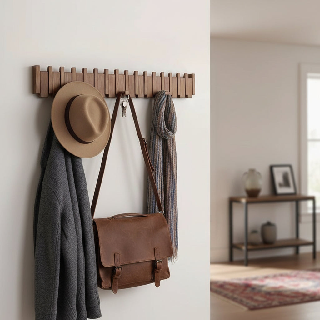Perchero de Pared de Haya con Ganchos Plegables, 4 a 8