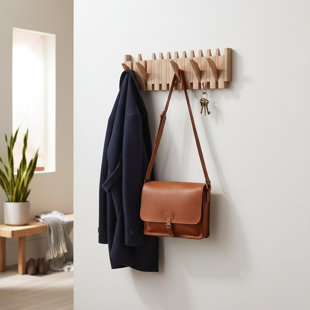Perchero de Pared de Haya con Ganchos Plegables, 4 a 8