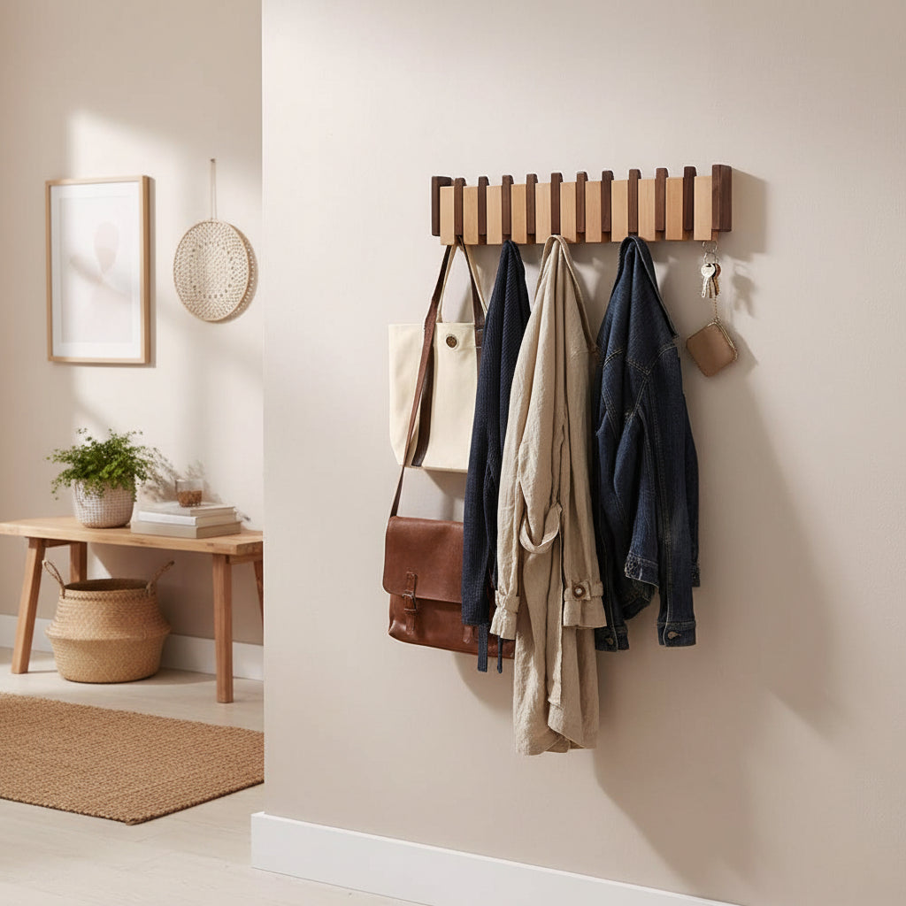Perchero de Pared de Haya con Ganchos Plegables, 4 a 8